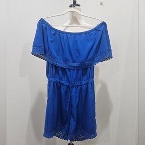 Style House Royal Blue Off Shoulder Lace Trim Romper Women’s Size L | Summer Boh